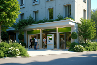 Agence bancaire écologique entourée de plantes et d arbres
