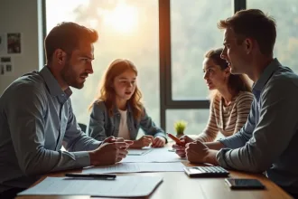 Agent d'assurance expliquant un contrat catastrophe à une famille