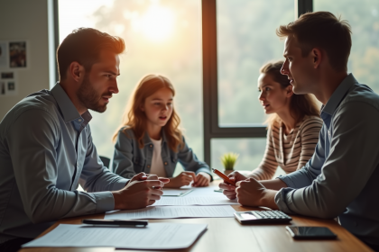 Agent d'assurance expliquant un contrat catastrophe à une famille