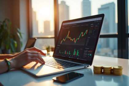 Personne analysant des graphiques crypto sur un ordinateur lumineux
