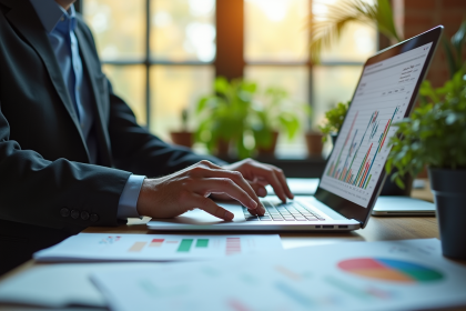 Professionnel en costume analysant des graphiques financiers colorés