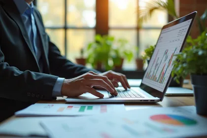 Professionnel en costume analysant des graphiques financiers colorés