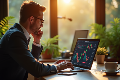 Analyste boursier étudiant des graphiques colorés sur un laptop