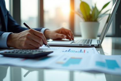 Analyste financier travaillant sur un bureau moderne avec graphiques colorés