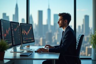 Jeune analyste financier au bureau avec écrans de données