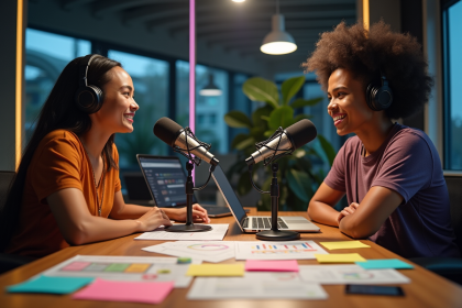 Deux animateurs de podcast dans un studio moderne et lumineux