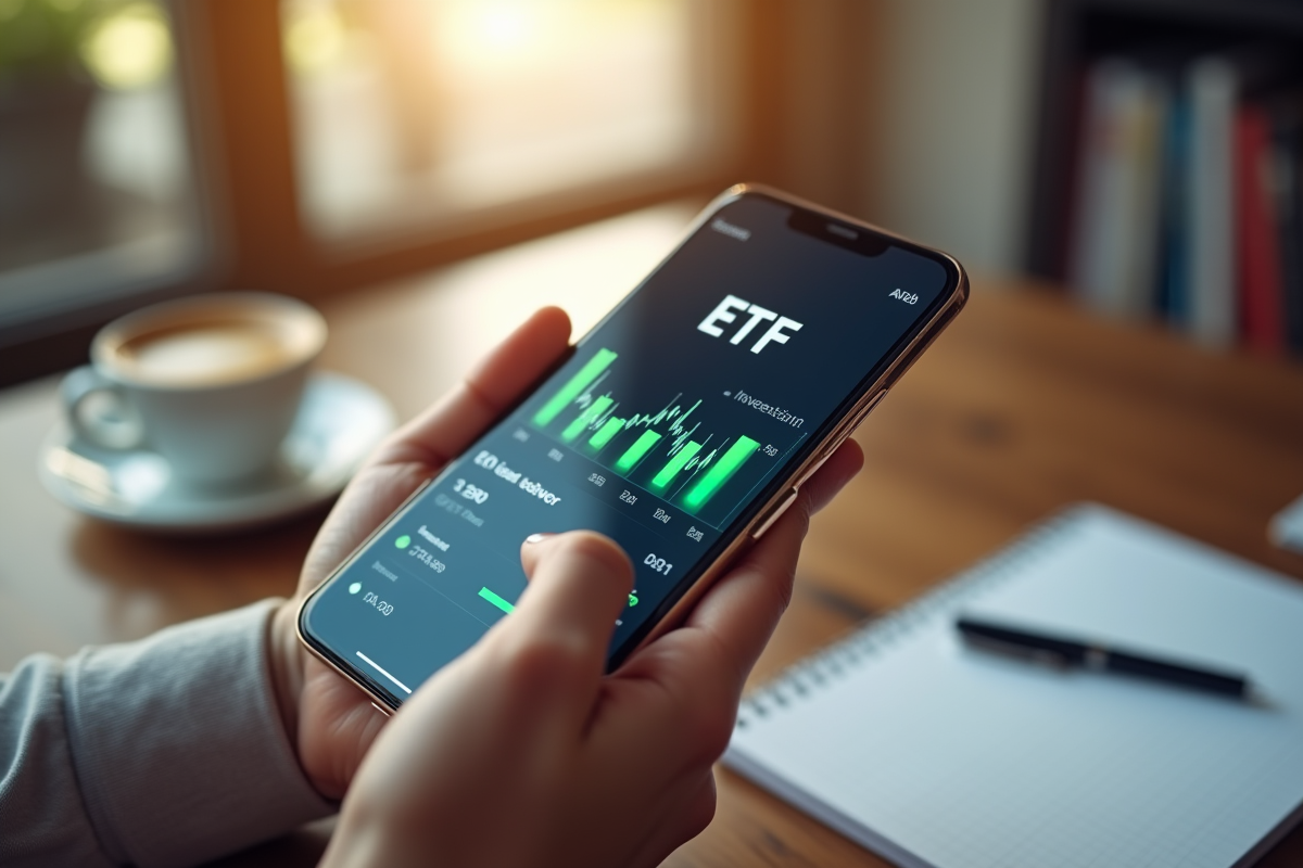 Main tenant un smartphone avec application ETF dans un espace calme