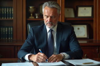 Avocat en costume navy dans un bureau professionnel