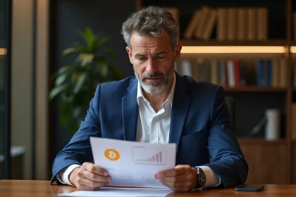 Gestionnaire bancaire français examine un document crypto