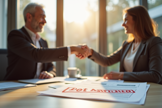 Banquier souriant serrant la main d'un couple avec document annulé