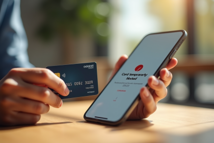 Personne tenant une carte bancaire avec un smartphone affichant un blocage