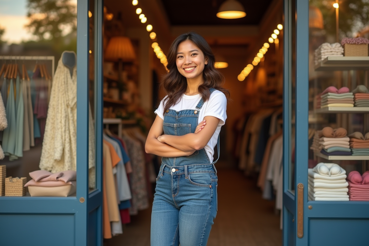 Vendeuse souriante accueillant clients devant sa boutique chaleureuse