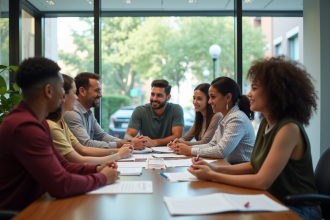 Accueil convivial en mairie avec un agent et des citoyens