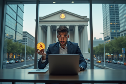 Personne frustrée avec Bitcoin devant banque et interdiction
