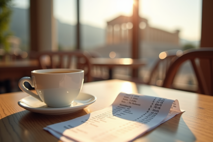 Café grec moderne avec reçu et vue du Parthenon en arrière-plan
