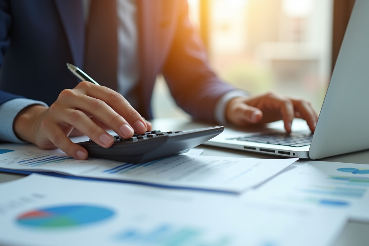 Mains utilisant une calculatrice et un stylo sur un bureau avec documents financiers