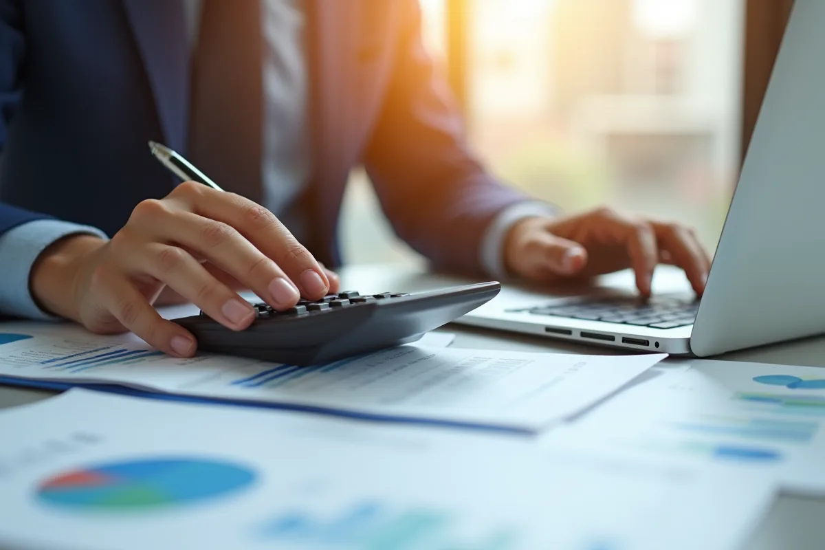 Mains utilisant une calculatrice et un stylo sur un bureau avec documents financiers