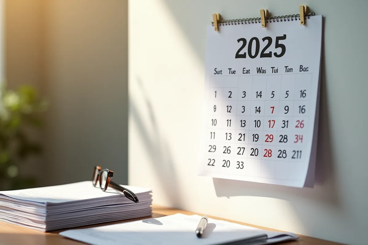 Calendrier 2025 et papiers de retraite avec lunettes