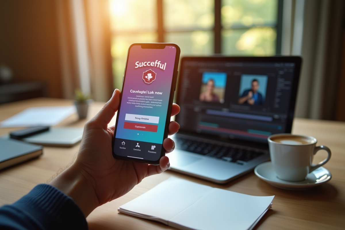 Main tenant un smartphone avec campagne de financement pour podcast
