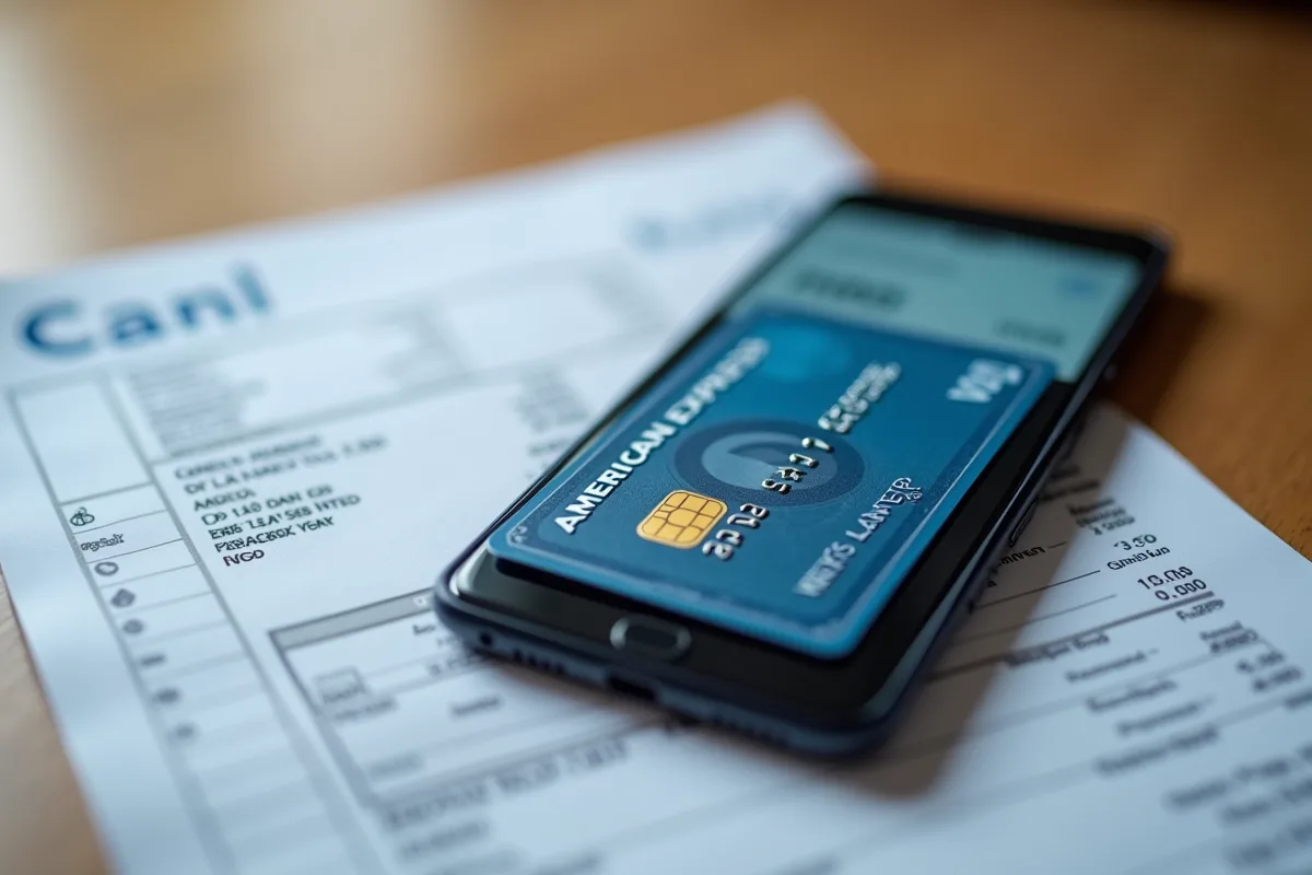 Carte Amex sur facture et smartphone avec confirmation paiement