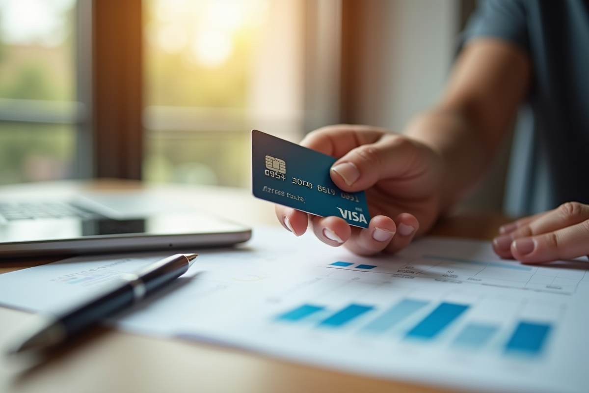 Main tenant une carte bancaire approuvee sur un bureau moderne