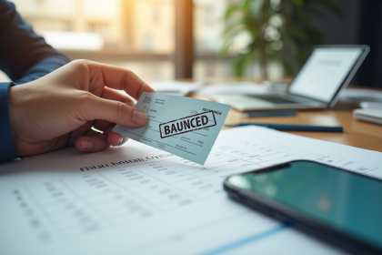 Main tenant un cheque retourne et smartphone avec application bancaire