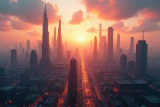 Silhouette d'une ville futuriste au lever du soleil avec gratte-ciel modernes