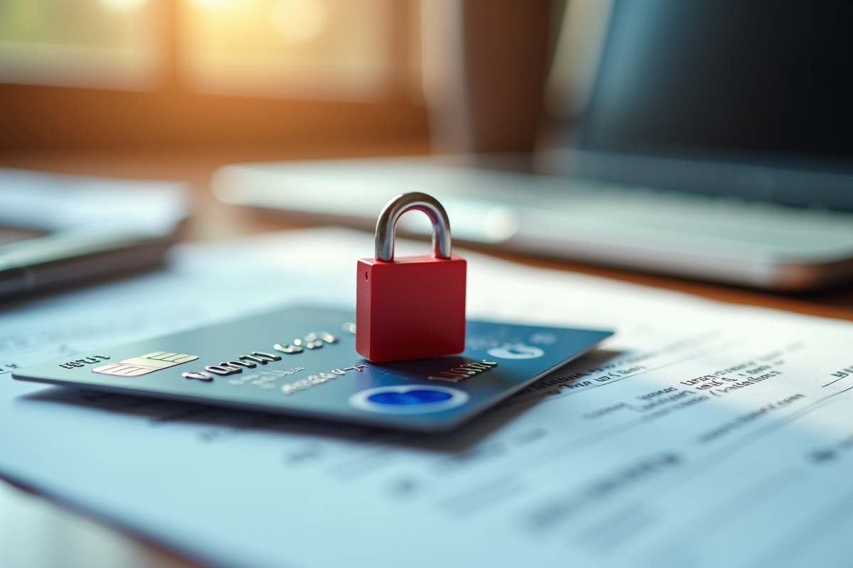 Carte bancaire avec cadenas rouge sur fond de papiers et clavier d