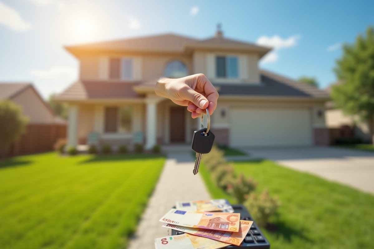Main tenant une clé de maison devant une maison en banlieue