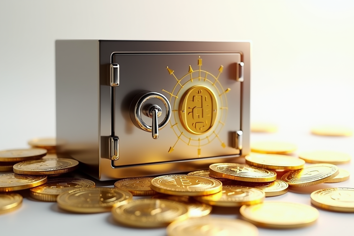 Coffre-fort métallique avec bitcoins et cadenas holographique