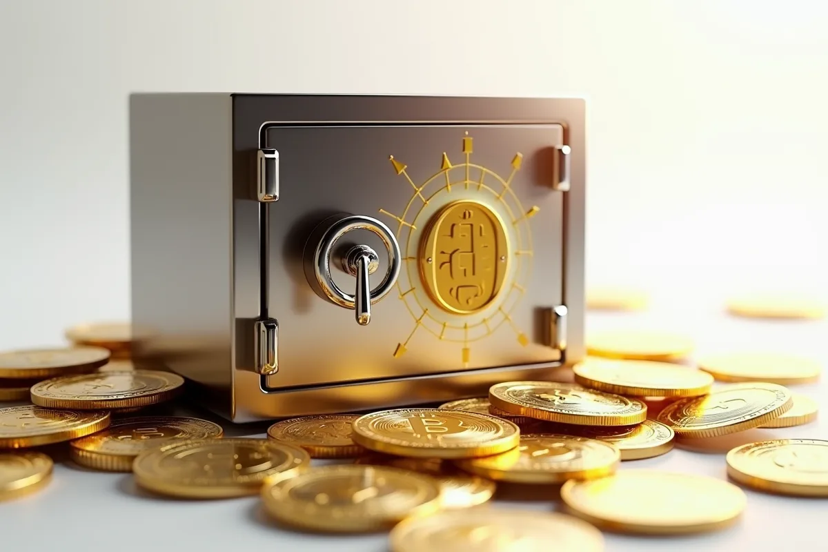 Coffre-fort métallique avec bitcoins et cadenas holographique