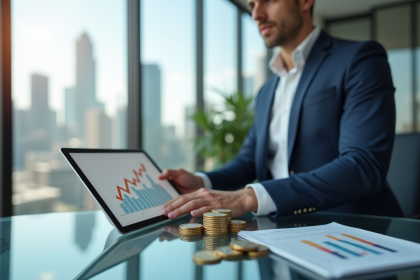 Conseiller financier avec graphique en hausse et pièces d'euros