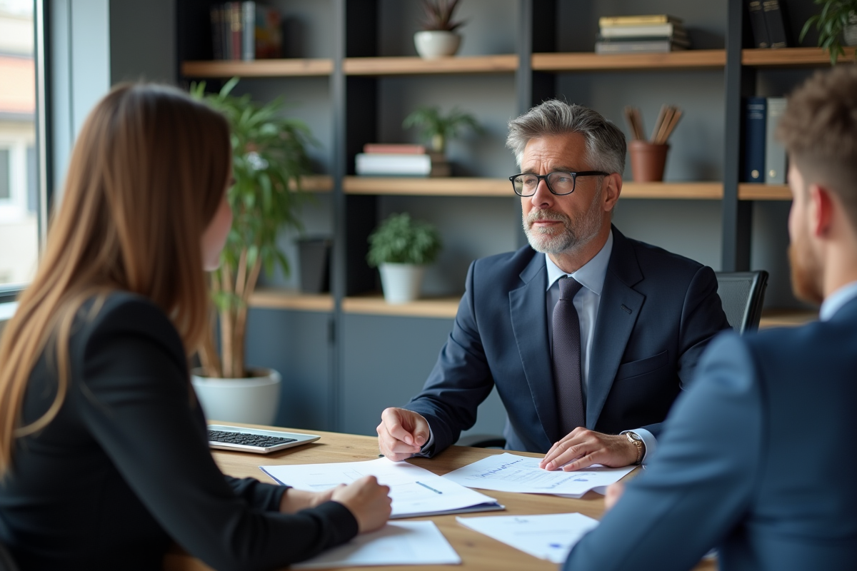 Conseiller financier pointant un graphique avec un couple