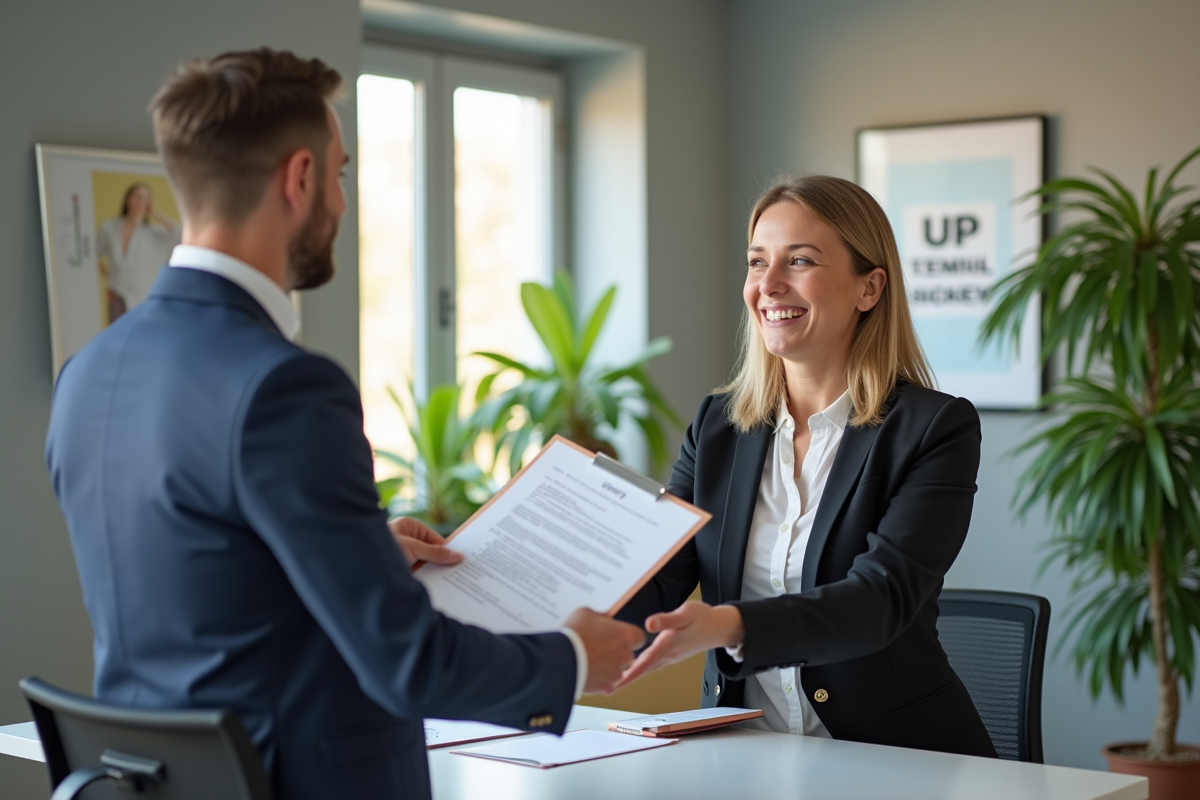 Conseiller financier remettant un contrat signé à un client souriant