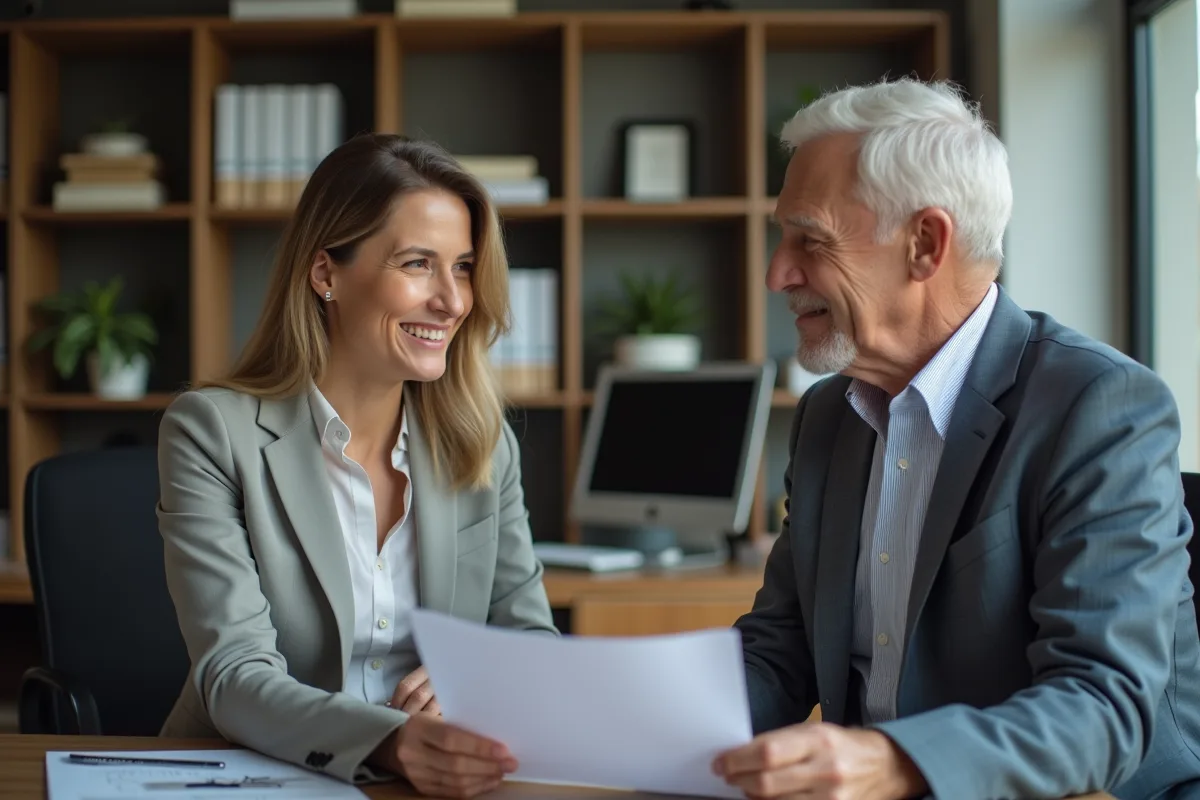 Conseillère en assurance parlant avec un homme âgé dans un bureau