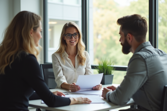 Conseillère bancaire expliquant un prêt à un couple dans un bureau lumineux