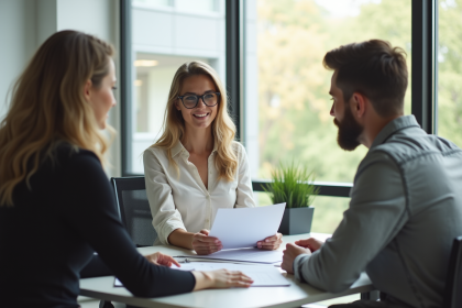 Conseillère bancaire expliquant un prêt à un couple dans un bureau lumineux