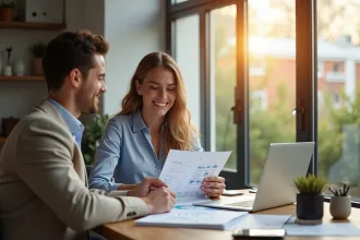 Jeune couple professionnel examinant des documents immobiliers dans un appartement lumineux