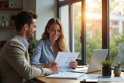 Jeune couple professionnel examinant des documents immobiliers dans un appartement lumineux