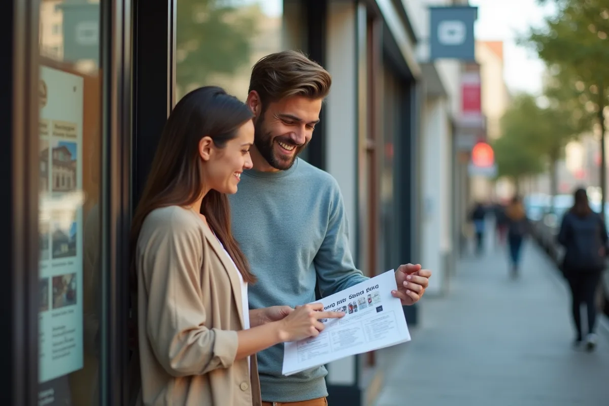 Jeune couple regardant des affiches de taux hypothécaires
