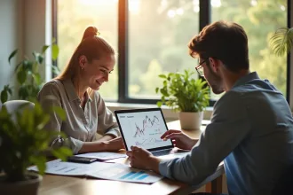 Jeune couple professionnel analysant des graphiques financiers