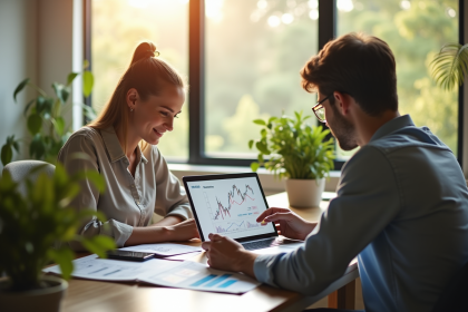 Jeune couple professionnel analysant des graphiques financiers