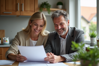 Couple français discutant de documents de maison à la cuisine