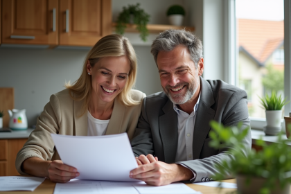 Couple français discutant de documents de maison à la cuisine