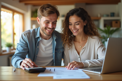 Jeune couple souriant examinant des documents de prêt immobilier