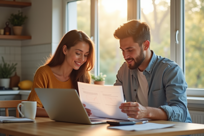 Jeune couple planifiant finances &agrave; la maison