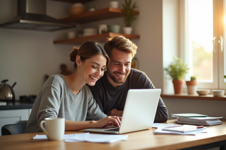 Jeune couple souriant à la cuisine pour l article finances