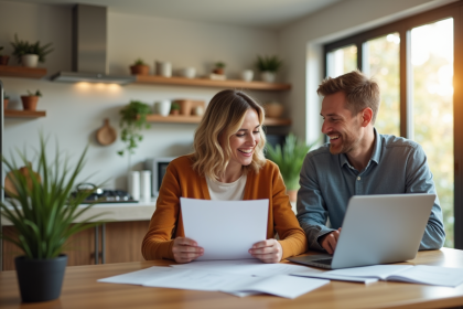 Couple souriant examinant documents bancaires à la maison