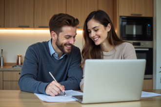 Jeune couple lisant un formulaire CAF dans leur cuisine lumineuse