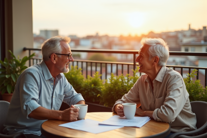 Couple retraité profitant du balcon ensoleille avec café et documents